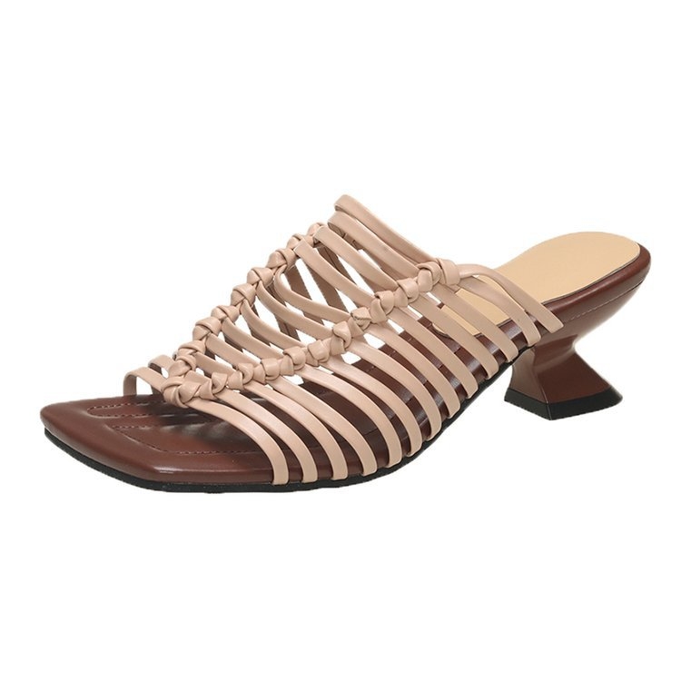 Austas sandales sieviešu 2024. gada vasaras jaunās lentes dobās uzvelkamās biezās papēža čības vienkāršas modes universālas sievietes