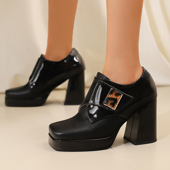 Νέα τετράγωνα παπούτσια με αγκράφα από λουστρίνι και χοντρό τακούνι, παπούτσια Mary Jane με ψηλοτάκουνα, μέγεθος 33-43, Wish Foreign Trade Shoes