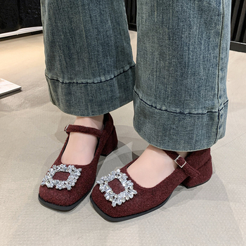 Γαλλικό Στυλ 2025 Αρχές Άνοιξης Νέο Στυλ Κομψά Υψηλής Ποιότητας Παπούτσια Μονής Επίστρωσης Γυναικεία Χοντρά Τακούνια με Στρας Mary Jane Ψηλοτάκουνα Στυλ Αργά Βράδυ