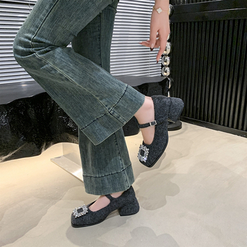 Γαλλικό Στυλ 2025 Αρχές Άνοιξης Νέο Στυλ Κομψά Υψηλής Ποιότητας Παπούτσια Μονής Επίστρωσης Γυναικεία Χοντρά Τακούνια με Στρας Mary Jane Ψηλοτάκουνα Στυλ Αργά Βράδυ