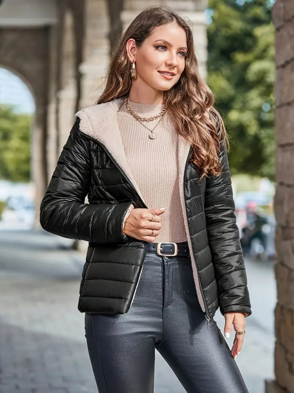 Jesenné a zimné nové krátke európske a americké 2025 s kapucňou, úzky strih, bavlnené vrchné oblečenie s flísovou podšívkou, teplý top z imitácie kašmíru, dámske vrchné oblečenie, trendy