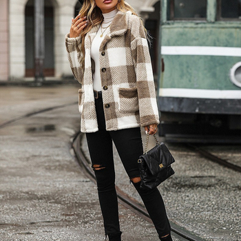 Dámsky kabát s dlhým rukávom, európskou a americkou módou na jeseň a zimu, s dlhým kockovaným vzorom a jedným radom, obojstranným zamatovým ležérnym kabátom z európskej a americkej módy z roku 2024