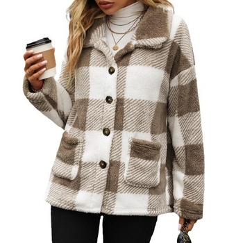 Dámsky kabát s dlhým rukávom, európskou a americkou módou na jeseň a zimu, s dlhým kockovaným vzorom a jedným radom, obojstranným zamatovým ležérnym kabátom z európskej a americkej módy z roku 2024