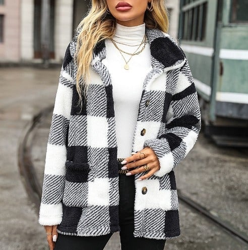 Dámsky kabát s dlhým rukávom, európskou a americkou módou na jeseň a zimu, s dlhým kockovaným vzorom a jedným radom, obojstranným zamatovým ležérnym kabátom z európskej a americkej módy z roku 2024