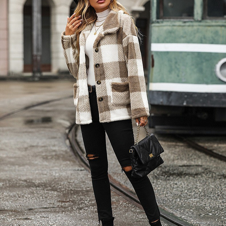 Dámsky kabát s dlhým rukávom, európskou a americkou módou na jeseň a zimu, s dlhým kockovaným vzorom a jedným radom, obojstranným zamatovým ležérnym kabátom z európskej a americkej módy z roku 2024