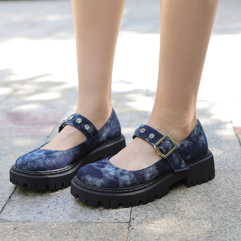 40-43 Europske i američke ženske traper cipele velikih dimenzija s prekograničnom niskom petom u Lolita punk stilu s kopčom od rhinestona H164