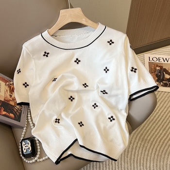 2025 m. vasaros naujas madingas paprastas žakardo trumpomis rankovėmis šilkinis megztinis su korėjietišku laisvu apvaliu kaklu, plonas