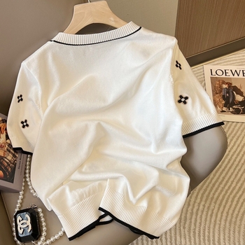 2025 m. vasaros naujas madingas paprastas žakardo trumpomis rankovėmis šilkinis megztinis su korėjietišku laisvu apvaliu kaklu, plonas