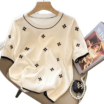 2025 m. vasaros naujas madingas paprastas žakardo trumpomis rankovėmis šilkinis megztinis su korėjietišku laisvu apvaliu kaklu, plonas