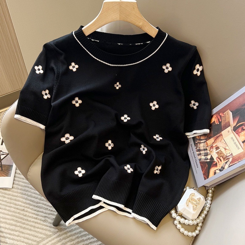 2025 m. vasaros naujas madingas paprastas žakardo trumpomis rankovėmis šilkinis megztinis su korėjietišku laisvu apvaliu kaklu, plonas