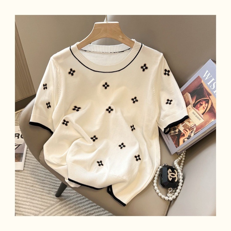 2025 m. vasaros naujas madingas paprastas žakardo trumpomis rankovėmis šilkinis megztinis su korėjietišku laisvu apvaliu kaklu, plonas