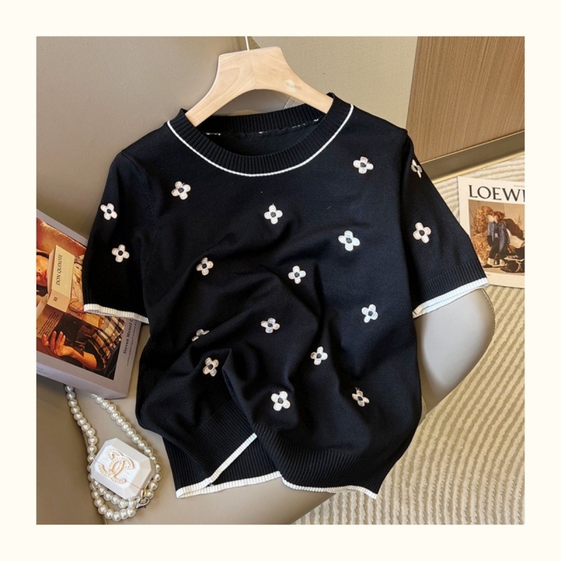 2025 m. vasaros naujas madingas paprastas žakardo trumpomis rankovėmis šilkinis megztinis su korėjietišku laisvu apvaliu kaklu, plonas