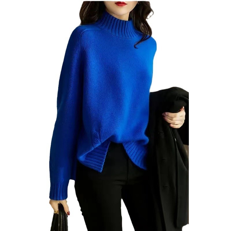 Super pekný Klein modrý luxusný sveter pre ženy, nová explozívna ulička, národná móda, vysoký golier, univerzálna základná košeľa