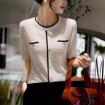 Ženski ljetni pleteni kardigan kratkih rukava s tankim žakard valovitim čipkastim V-izrezom, visokokvalitetne boje, u zapadnjačkom stilu