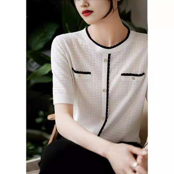 Ženski ljetni pleteni kardigan kratkih rukava s tankim žakard valovitim čipkastim V-izrezom, visokokvalitetne boje, u zapadnjačkom stilu