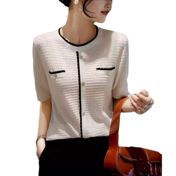 Ženski ljetni pleteni kardigan kratkih rukava s tankim žakard valovitim čipkastim V-izrezom, visokokvalitetne boje, u zapadnjačkom stilu