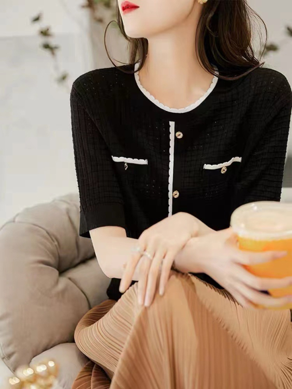Ženski ljetni pleteni kardigan kratkih rukava s tankim žakard valovitim čipkastim V-izrezom, visokokvalitetne boje, u zapadnjačkom stilu
