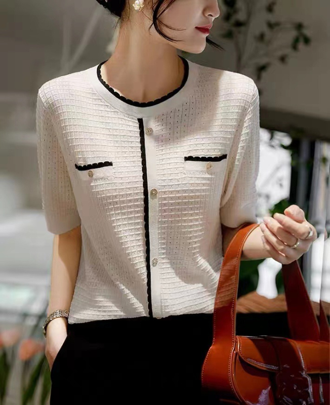 Ženski ljetni pleteni kardigan kratkih rukava s tankim žakard valovitim čipkastim V-izrezom, visokokvalitetne boje, u zapadnjačkom stilu
