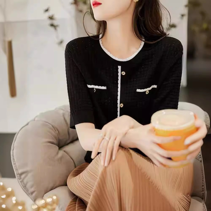 Ženski ljetni pleteni kardigan kratkih rukava s tankim žakard valovitim čipkastim V-izrezom, visokokvalitetne boje, u zapadnjačkom stilu