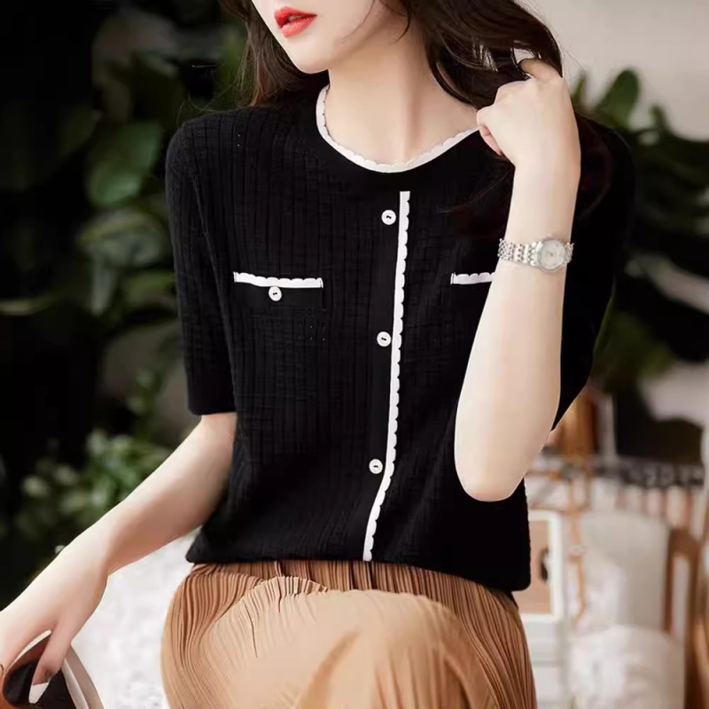 Ženski ljetni pleteni kardigan kratkih rukava s tankim žakard valovitim čipkastim V-izrezom, visokokvalitetne boje, u zapadnjačkom stilu