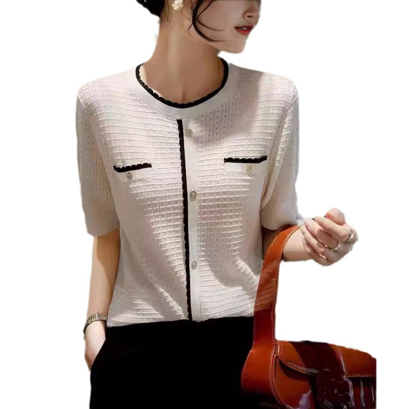 Ženski ljetni pleteni kardigan kratkih rukava s tankim žakard valovitim čipkastim V-izrezom, visokokvalitetne boje, u zapadnjačkom stilu