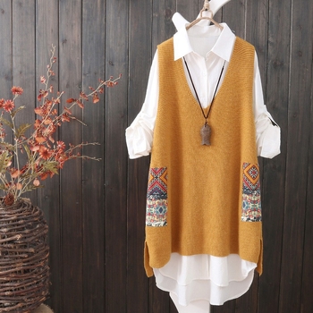 Guka Nová pletená vesta Dámska vesta Voľná vlnená vesta s výstrihom do V Stredne dlhý ležérny dámsky sveter bez rukávov