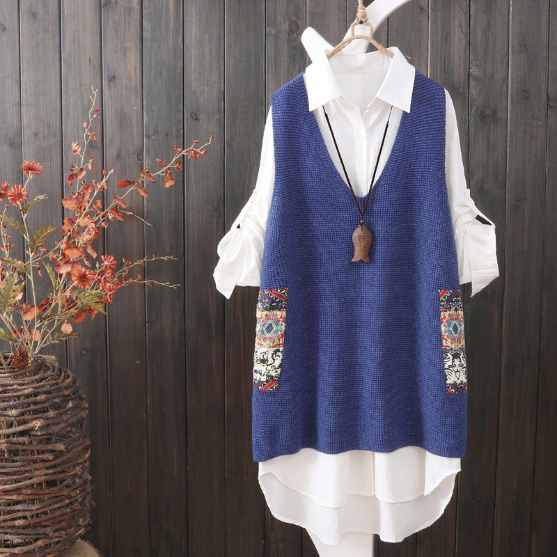 Guka Vestă nouă tricotată pentru femei Vestă de lână cu guler în V larg Vestă de lungime medie Casual pentru femei Pulover fără mâneci