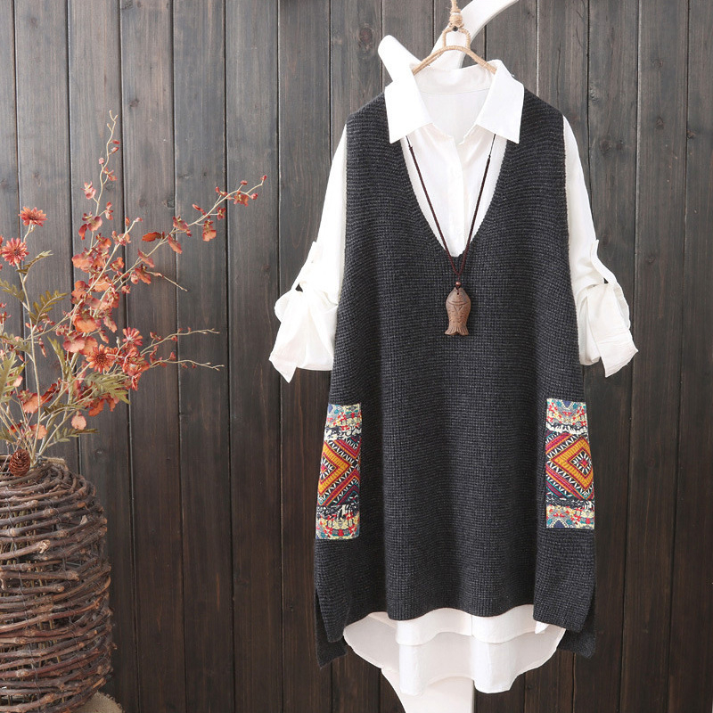 Guka Vestă nouă tricotată pentru femei Vestă de lână cu guler în V larg Vestă de lungime medie Casual pentru femei Pulover fără mâneci