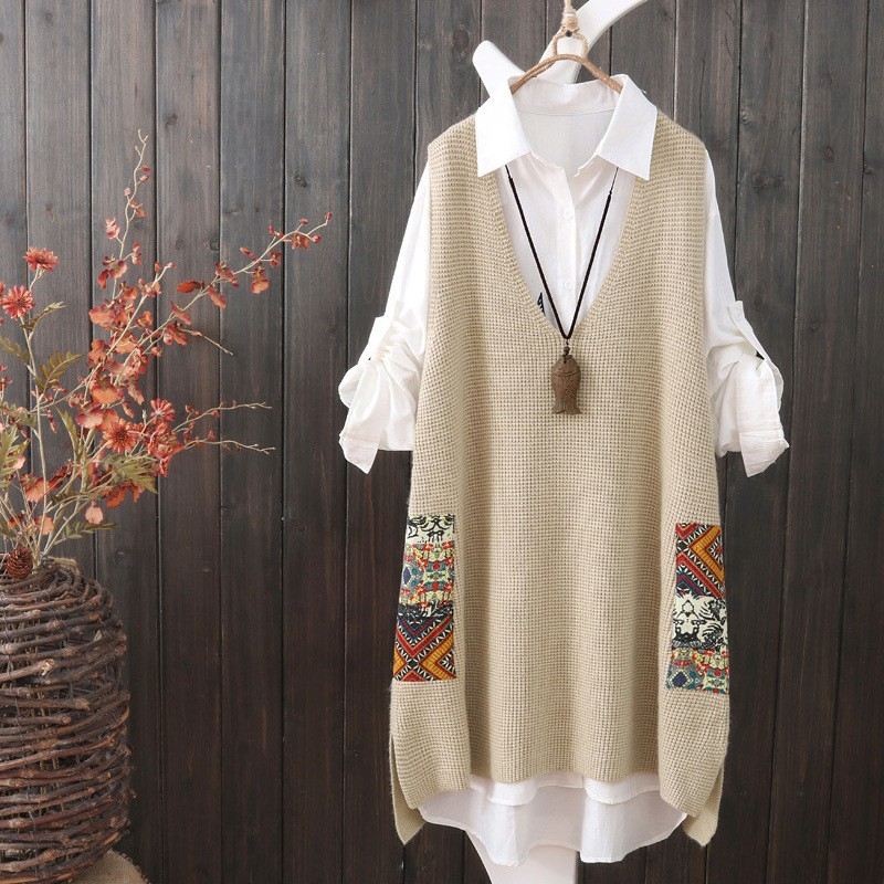 Guka Nová pletená vesta Dámska vesta Voľná vlnená vesta s výstrihom do V Stredne dlhý ležérny dámsky sveter bez rukávov