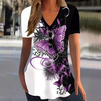 Amazon Independent Station Vruća rasprodaja Ljetna ženska majica kratkih rukava s V-izrezom, ležerna majica kratkih rukava s printom gumba