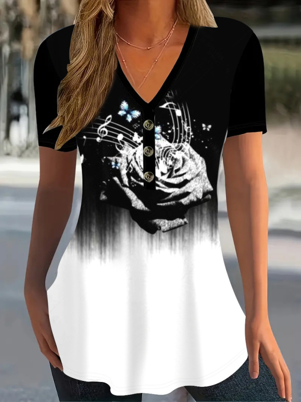 Amazon Independent Station Vruća rasprodaja Ljetna ženska majica kratkih rukava s V-izrezom, ležerna majica kratkih rukava s printom gumba