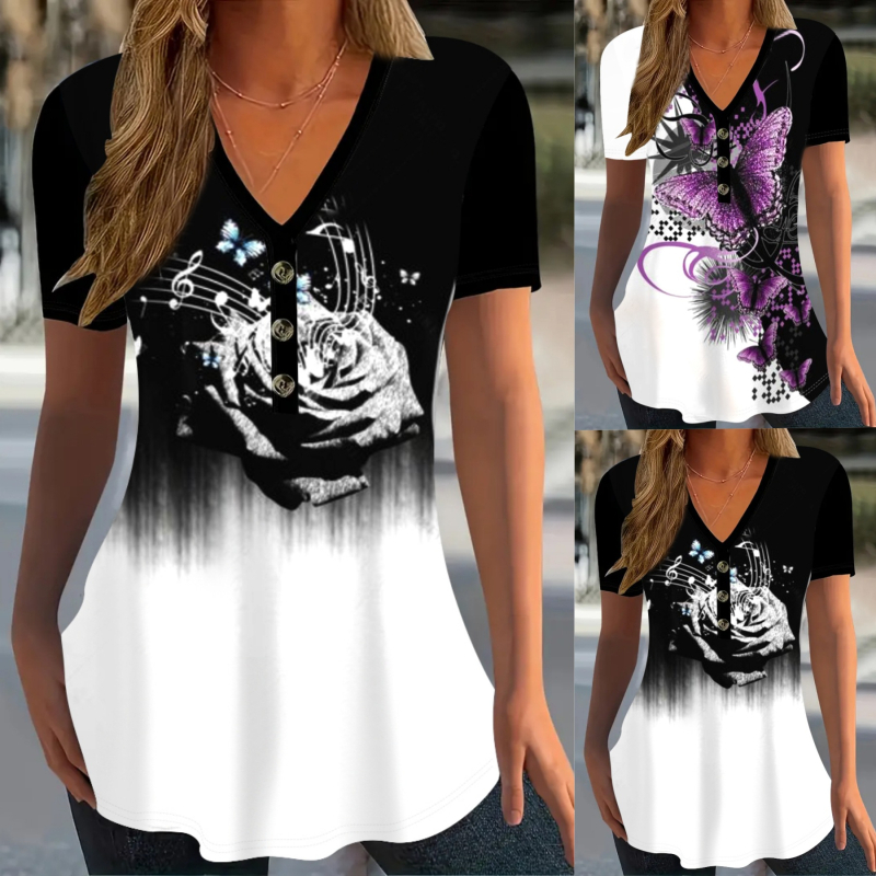 Amazon Independent Station Vruća rasprodaja Ljetna ženska majica kratkih rukava s V-izrezom, ležerna majica kratkih rukava s printom gumba