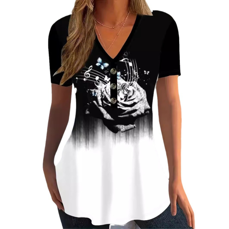 Amazon Independent Station Vruća rasprodaja Ljetna ženska majica kratkih rukava s V-izrezom, ležerna majica kratkih rukava s printom gumba