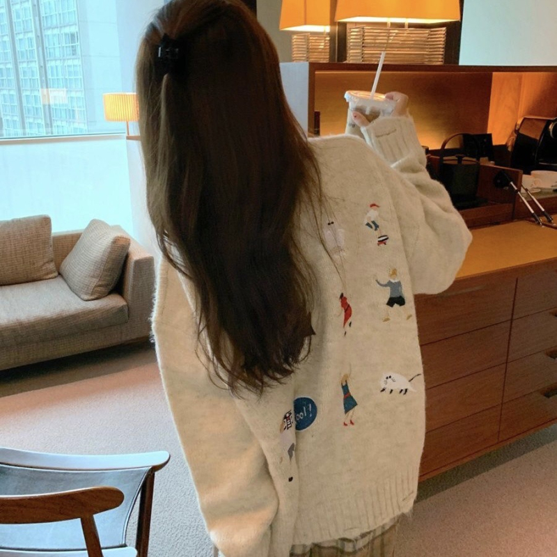 Ink Ader Crtani zlikovac Trendy Pletenina Ženski jesenski i zimski korejski lijeni par okrugli ovratnik pulover pletenina top