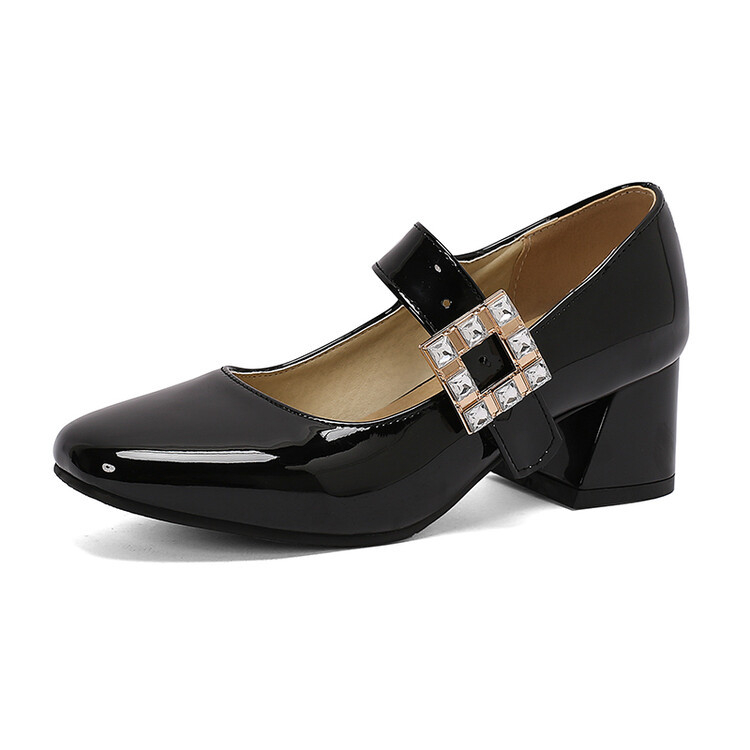2024 vanjska trgovina nove europske i američke cipele s kvadratnim vrhom, plitkim ustima, cirkonima i kvadratnom kopčom, debelom petom, srednjom petom, Mary Jane cipele za žene