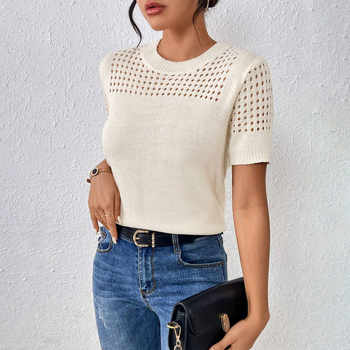 Proljetni i jesenski pleteni top za vanjsku trgovinu, Amazon, europski i američki pleteni top s kratkim rukavima, jednobojni, s okruglim izrezom i šupljim detaljima za žene