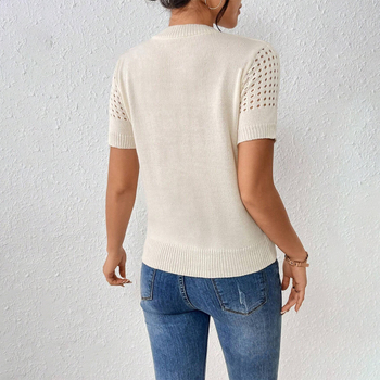 Proljetni i jesenski pleteni top za vanjsku trgovinu, Amazon, europski i američki pleteni top s kratkim rukavima, jednobojni, s okruglim izrezom i šupljim detaljima za žene