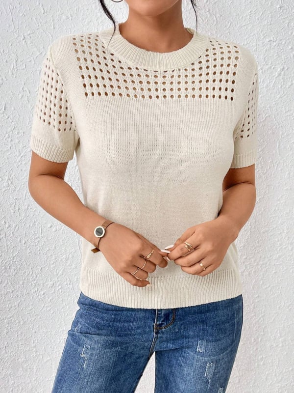 Proljetni i jesenski pleteni top za vanjsku trgovinu, Amazon, europski i američki pleteni top s kratkim rukavima, jednobojni, s okruglim izrezom i šupljim detaljima za žene