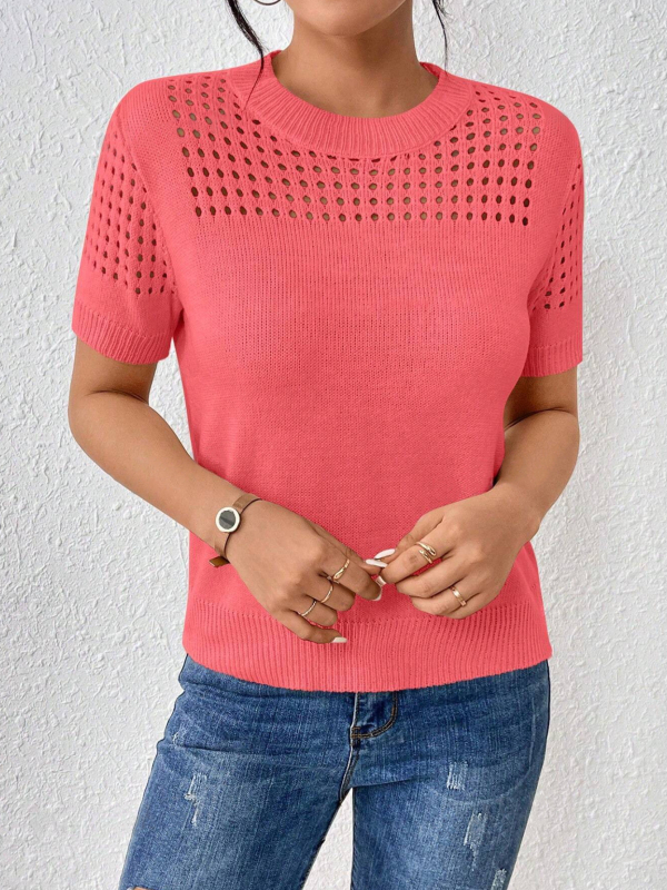 Proljetni i jesenski pleteni top za vanjsku trgovinu, Amazon, europski i američki pleteni top s kratkim rukavima, jednobojni, s okruglim izrezom i šupljim detaljima za žene