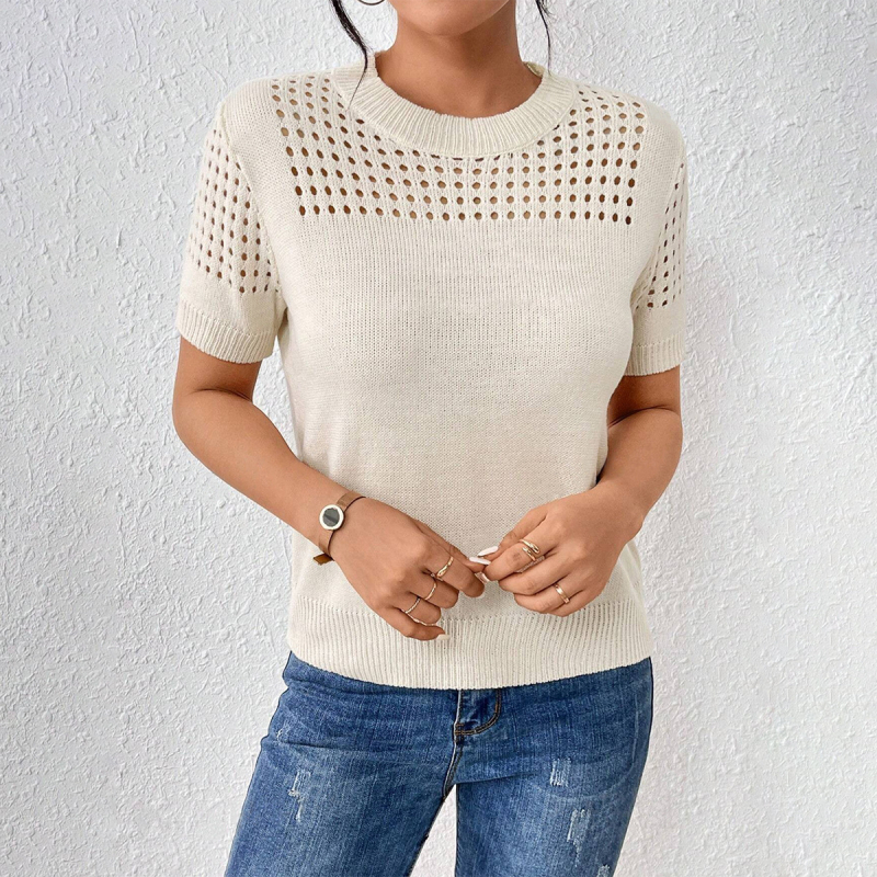 Proljetni i jesenski pleteni top za vanjsku trgovinu, Amazon, europski i američki pleteni top s kratkim rukavima, jednobojni, s okruglim izrezom i šupljim detaljima za žene