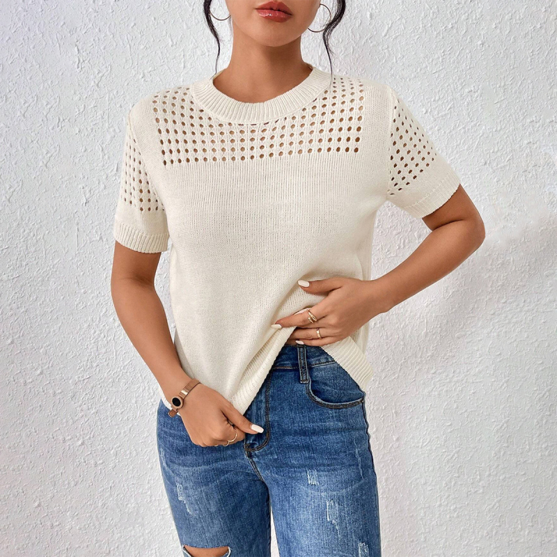 Proljetni i jesenski pleteni top za vanjsku trgovinu, Amazon, europski i američki pleteni top s kratkim rukavima, jednobojni, s okruglim izrezom i šupljim detaljima za žene