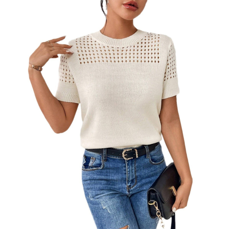 Proljetni i jesenski pleteni top za vanjsku trgovinu, Amazon, europski i američki pleteni top s kratkim rukavima, jednobojni, s okruglim izrezom i šupljim detaljima za žene