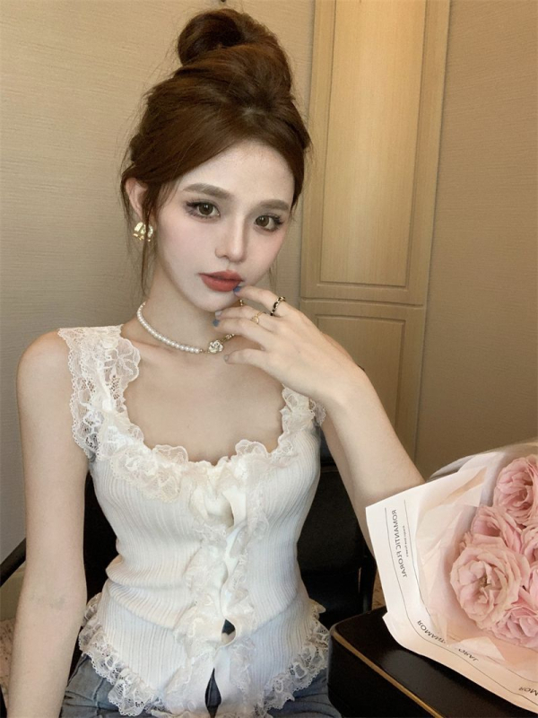 Ženski ljetni top bez rukava s uskim krojem i čipkastim šivanjem, bez rukava, s unutarnjom podlogom