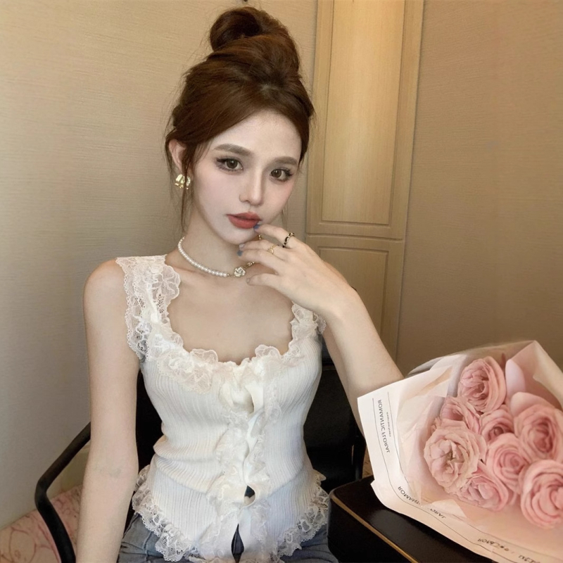 Ženski ljetni top bez rukava s uskim krojem i čipkastim šivanjem, bez rukava, s unutarnjom podlogom