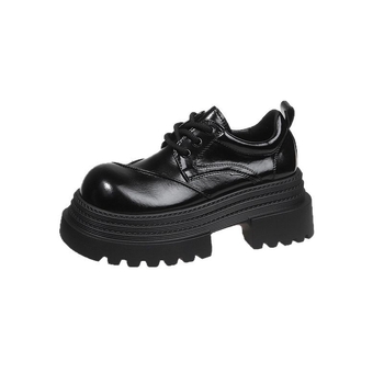 Čierne malé kožené topánky na platforme v britskom štýle, jar 2025, okrúhla špička, šnurovacie derby topánky, malé mokasíny