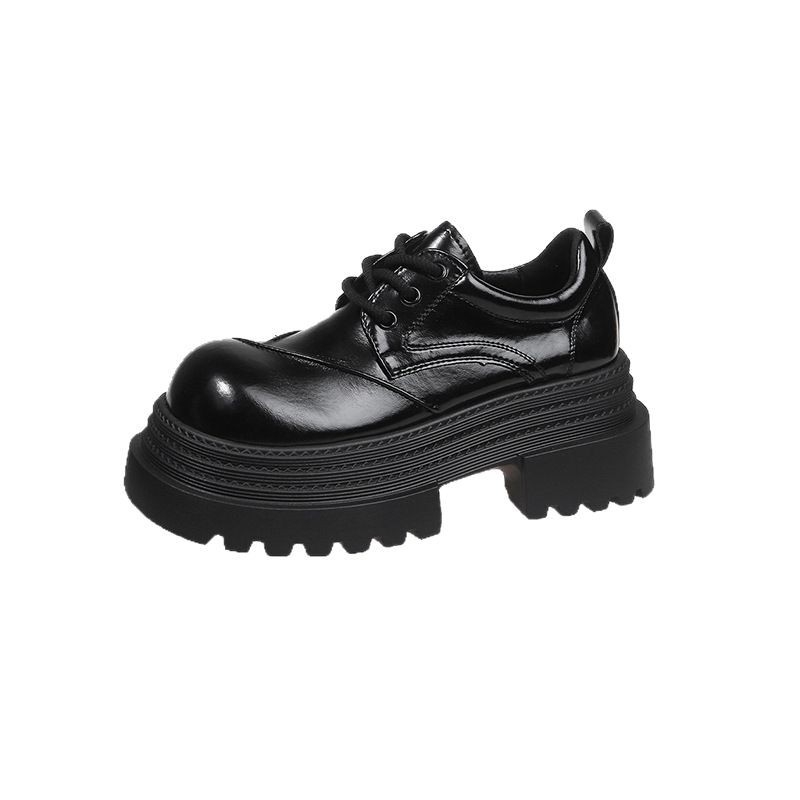 Čierne malé kožené topánky na platforme v britskom štýle, jar 2025, okrúhla špička, šnurovacie derby topánky, malé mokasíny