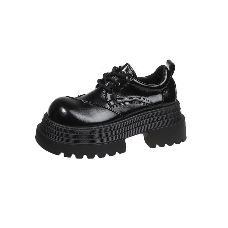Čierne malé kožené topánky na platforme v britskom štýle, jar 2025, okrúhla špička, šnurovacie derby topánky, malé mokasíny