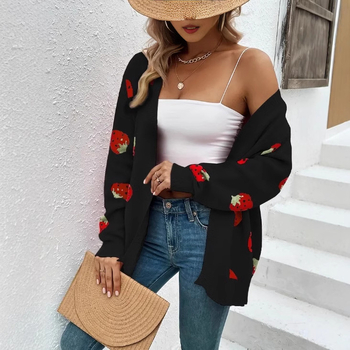 Amazon Explosions 2024 Prekogranični pleteni kardigan, ležeran slatki žakard, mali uzorak jagode, jesenski i zimski ženski