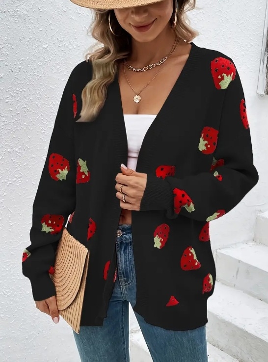 Amazon Explosions 2024 Prekogranični pleteni kardigan, ležeran slatki žakard, mali uzorak jagode, jesenski i zimski ženski