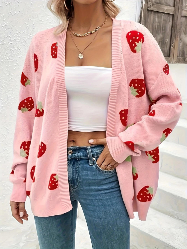 Amazon Explosions 2024 Prekogranični pleteni kardigan, ležeran slatki žakard, mali uzorak jagode, jesenski i zimski ženski